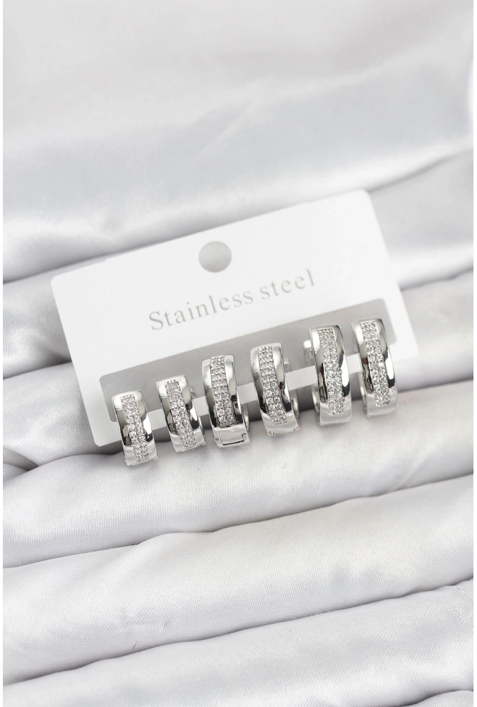 Shoecide 316l Çelik Gümüş Renk Zirkon Taşlı Halka Küpe Seti