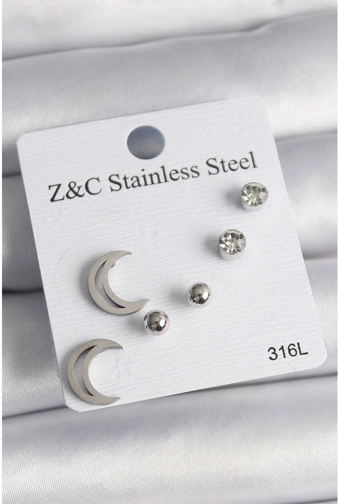 Shoecide 316l Çelik Gümüş Renk Zirkon Taşlı Hilal Model Kadın Küpe Seti