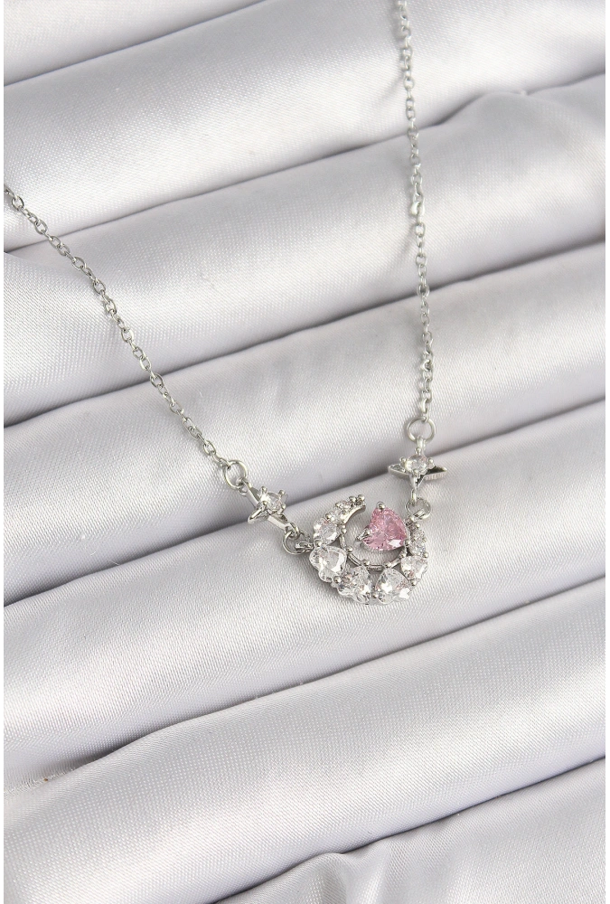 Shoecide 316l Çelik Gümüş Renk Zirkon Taşlı Hilal Pembe Kalp Model Kadın Kolye