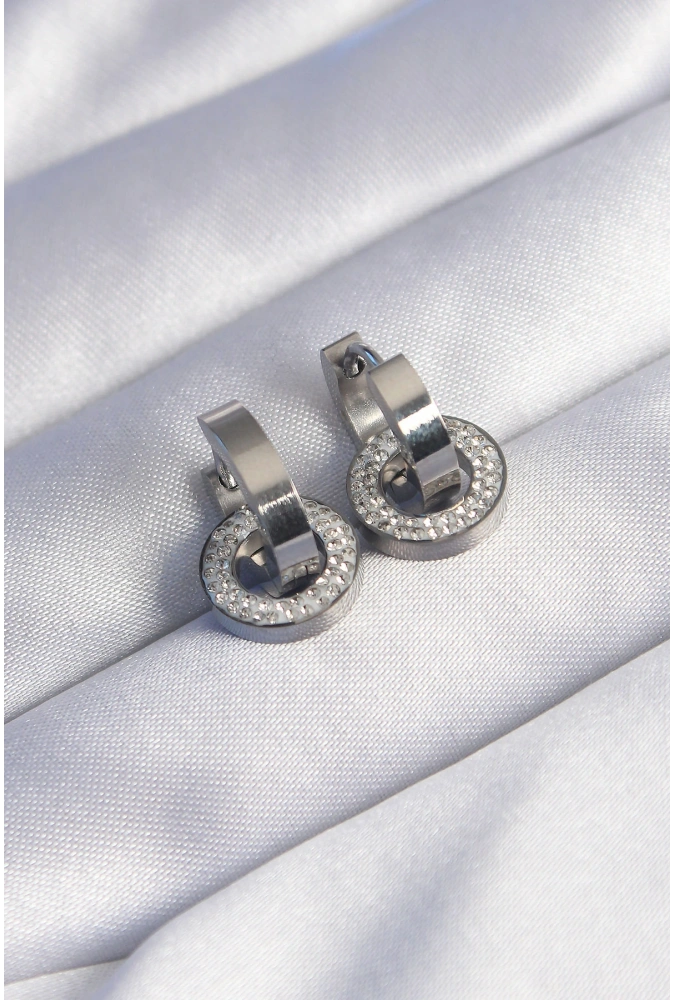 Shoecide 316l Çelik Gümüş Renk Zirkon Taşlı İç İçe Geçmeli Oval Küpe