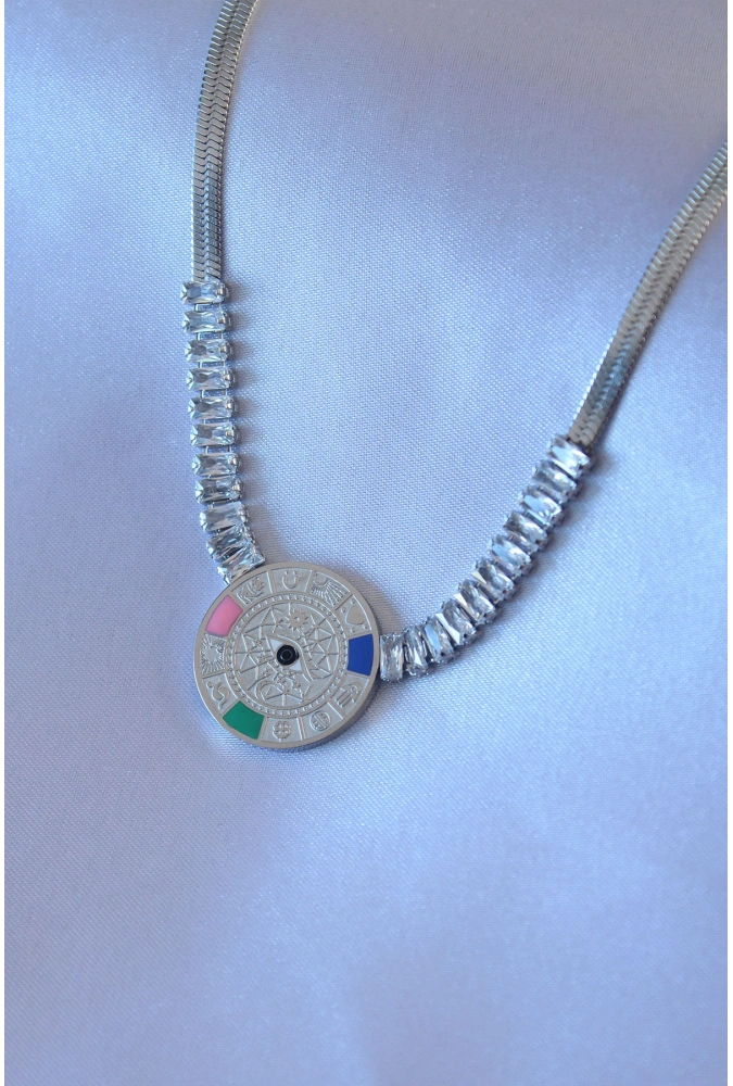 Shoecide 316l Çelik Gümüş Renk Zirkon Taşlı İtalyan Zincir Burç İşeleme Madalyon Model Kadın Kolye