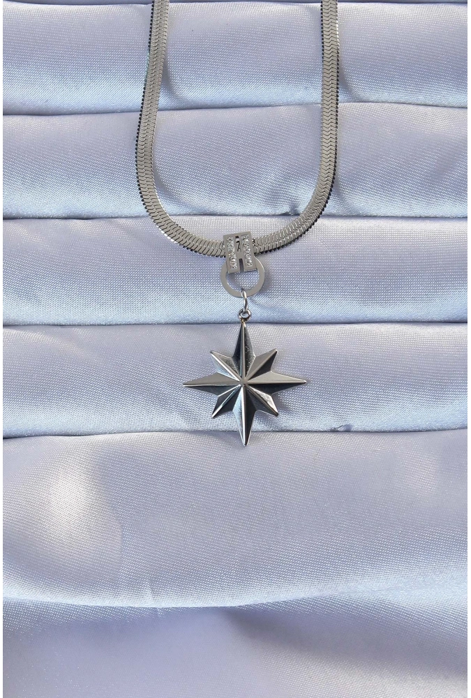 Shoecide 316l Çelik Gümüş Renk Zirkon Taşlı İtalyan Zincirli Kutup Yıldızı Kolye