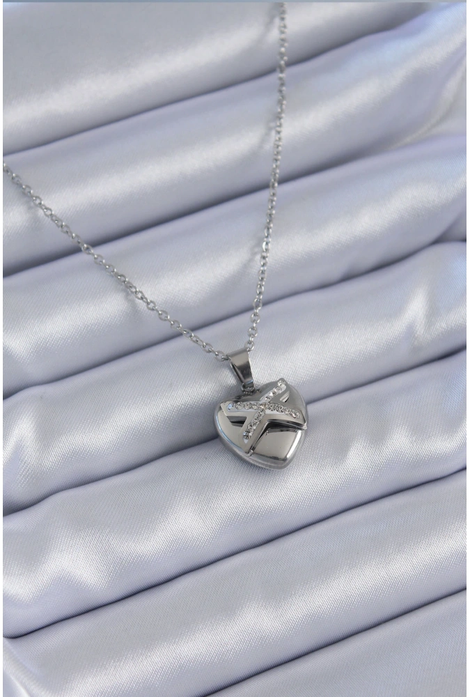 Shoecide 316l Çelik Gümüş Renk Zirkon Taşlı Kalp Model Kadın Kolye
