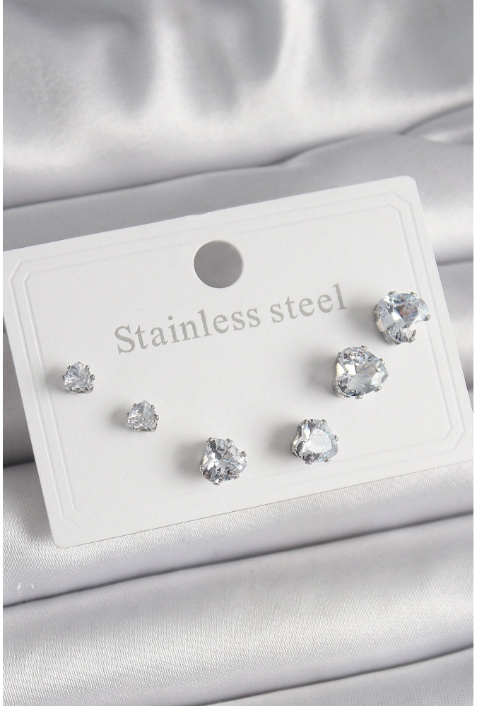 Shoecide 316l Çelik Gümüş Renk Zirkon Taşlı Kalp Model Kadın Küpe Seti