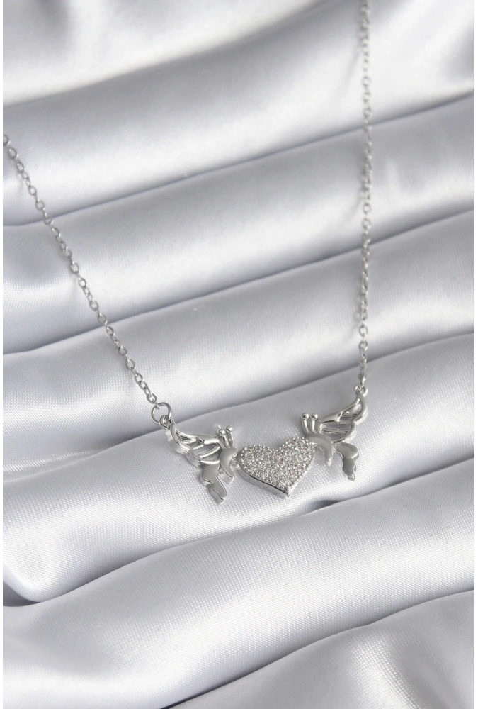 Shoecide 316l Çelik Gümüş Renk Zirkon Taşlı Kanat Kalp Model Kadın Kolye