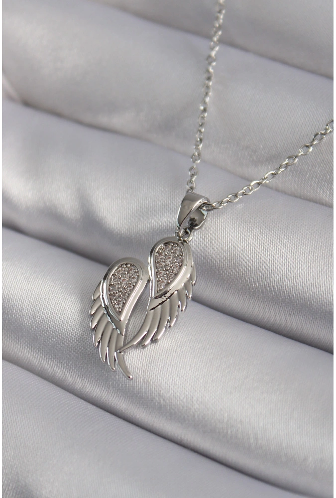 Shoecide 316l Çelik Gümüş Renk Zirkon Taşlı Kanat Model Kadın Kolye