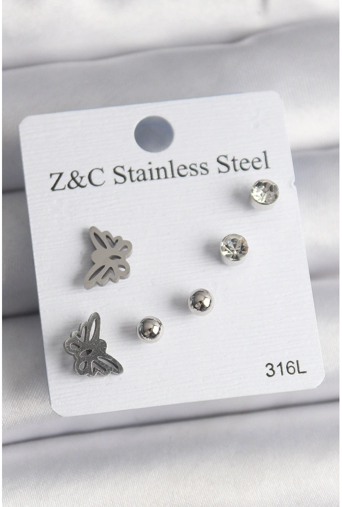 Shoecide 316l Çelik Gümüş Renk Zirkon Taşlı Kelebek Model Kadın Küpe Seti