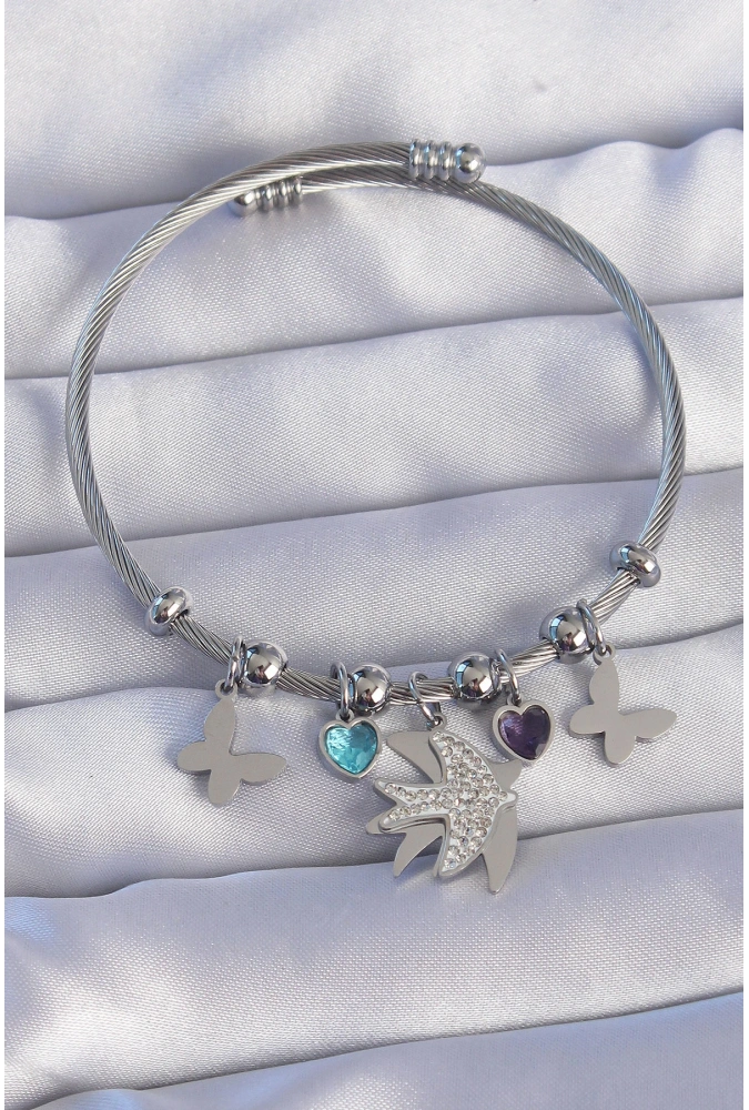 Shoecide 316l Çelik Gümüş Renk Zirkon Taşlı Kuş Tasarımlı Kelebek Detay Charm Bileklik