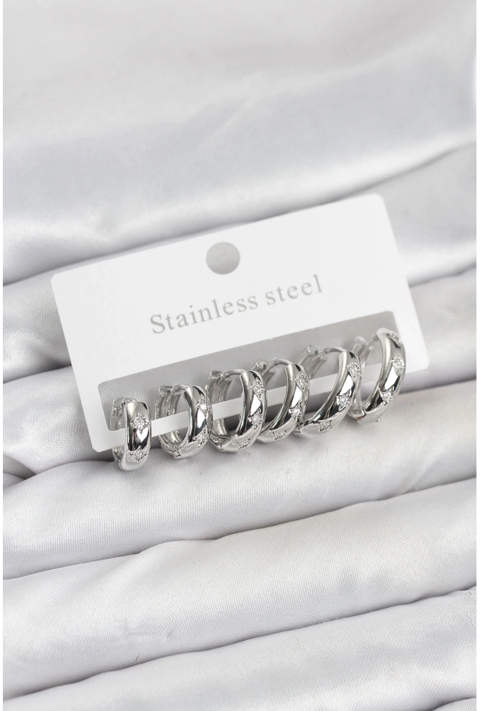 Shoecide 316l Çelik Gümüş Renk Zirkon Taşlı Kutup Yıldızı Model Halka Küpe Seti