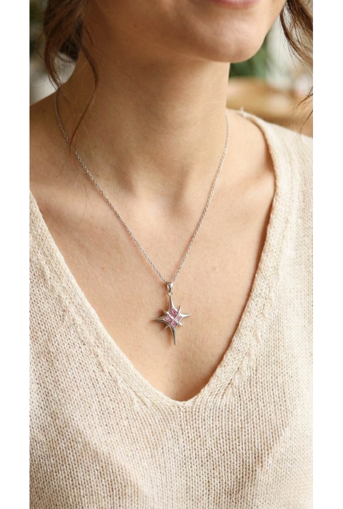 Shoecide 316l Çelik Gümüş Renk Zirkon Taşlı Kutup Yıldızı Model Kadın Kolye