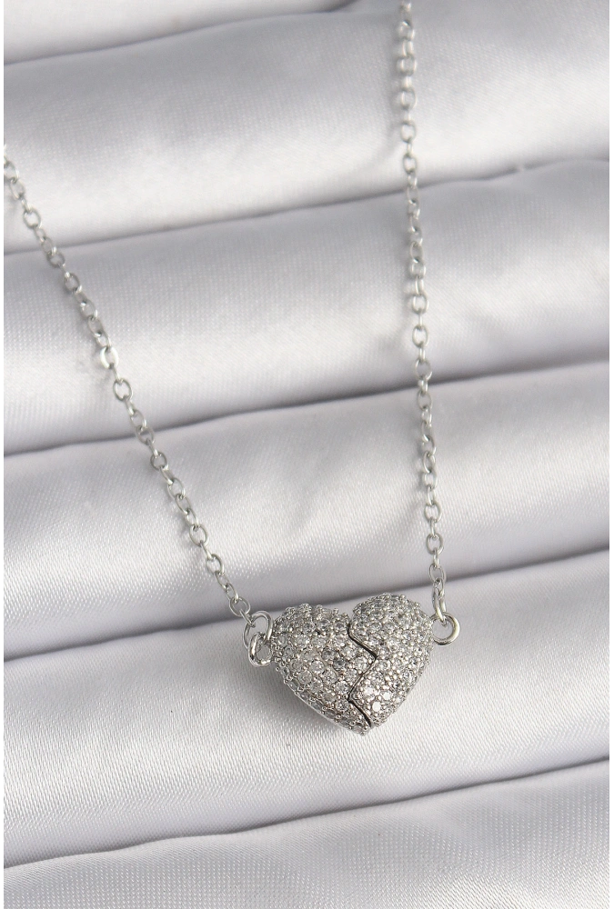 Shoecide 316l Çelik Gümüş Renk Zirkon Taşlı Mıknatıslı Kalp Model Kadın Kolye