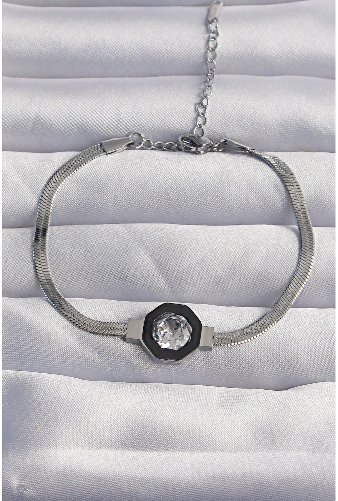 Shoecide 316l Çelik Gümüş Renk Zirkon Taşlı Mineli İtalyan Zincir Serenay Bileklik