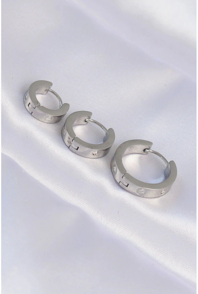 Shoecide 316l Çelik Gümüş Renk Zirkon Taşlı Model 3lü Halka Küpe