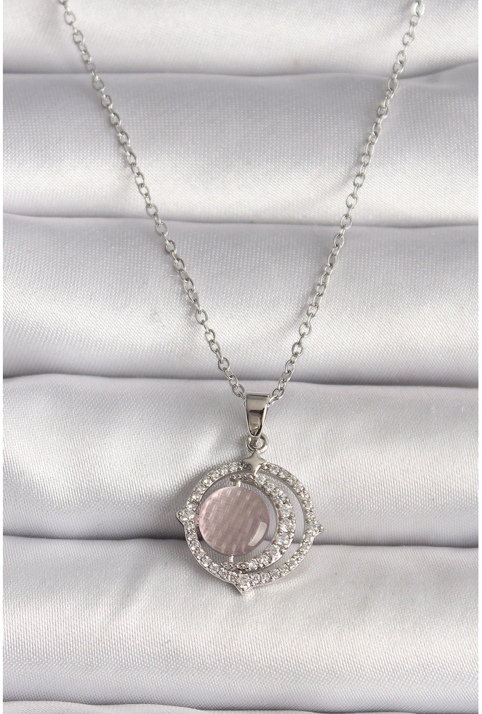 Shoecide 316l Çelik Gümüş Renk Zirkon Taşlı Pembe Sedefli Hilal Model Kadın Kolye
