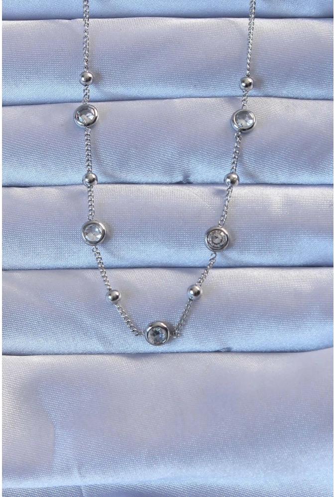 Shoecide 316l Çelik Gümüş Renk Zirkon Taşlı Top Zincirli Kolye