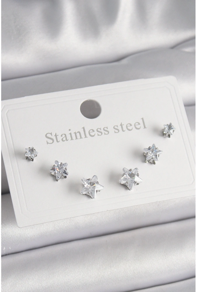 Shoecide 316l Çelik Gümüş Renk Zirkon Taşlı Yıldız Model Kadın Küpe Seti