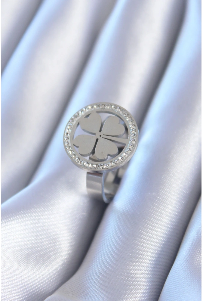 Shoecide 316l Çelik Gümüş Renk Zirkon Taşlı Yonca Model Kadın Yüzük