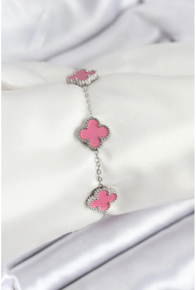 Shoecide 316l Çelik Gümüş Zincir Pembe Renk Yonca Bileklik