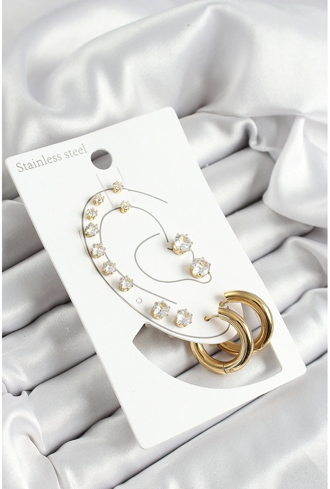 Shoecide 316l Çelik Halka Figürlü Ve Zirkon Taşlı Gold Renk 7li Çift Kadın Küpe Set