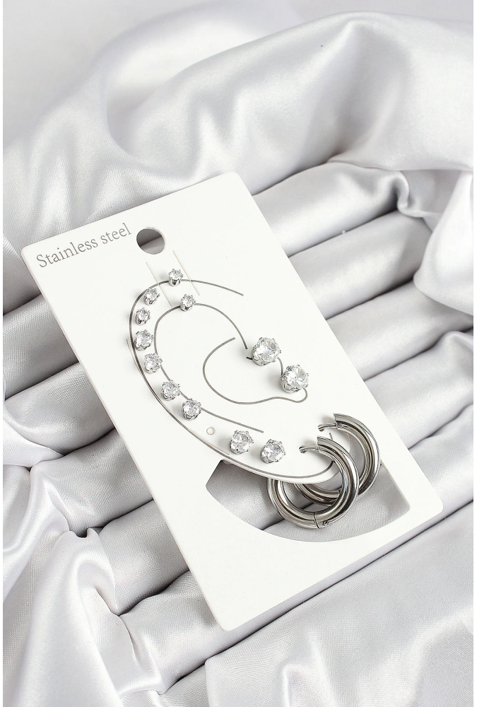 Shoecide 316l Çelik Halka Figürlü Ve Zirkon Taşlı Gümüş Renk 7li Çift Kadın Küpe Set