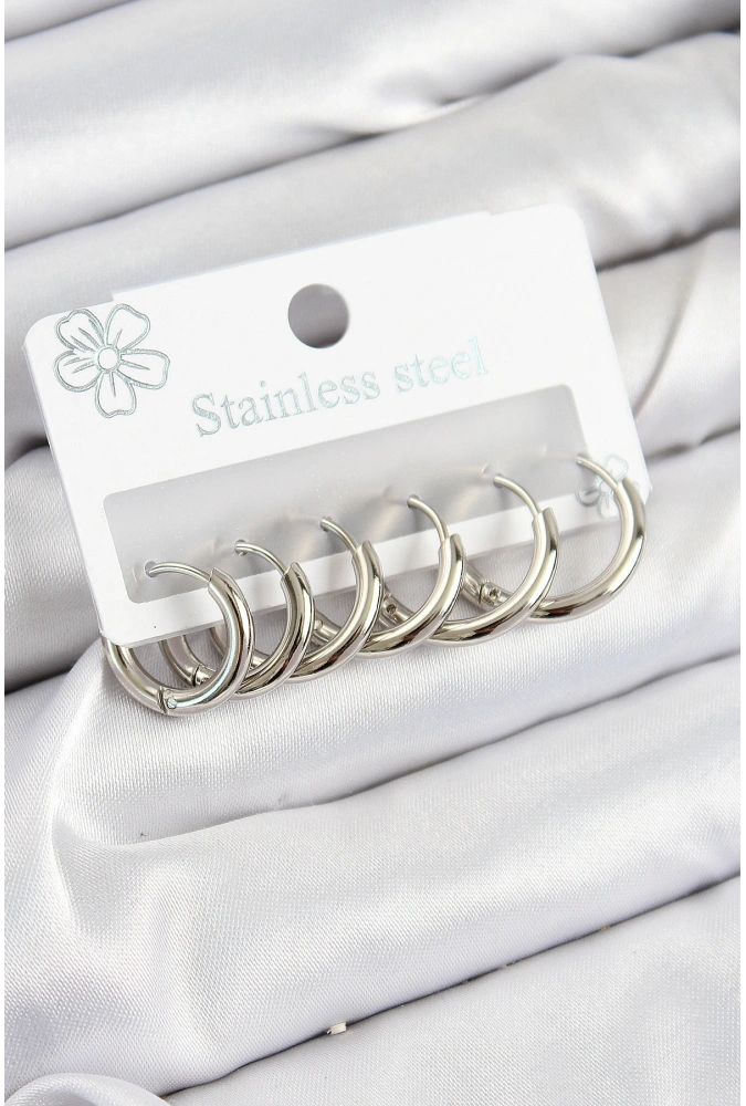 Shoecide 316l Çelik Halka Model Gümüş Renk 3lü Set Kadın Küpe