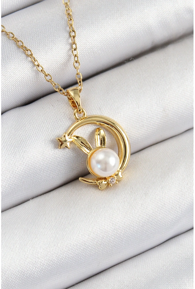 Shoecide 316l Çelik İnci Detaylı Hilal Tavşan Model Gold Renk Kadın Kolye