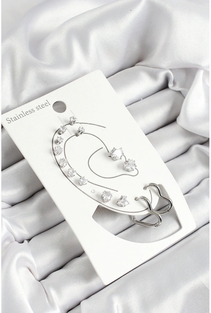 Shoecide 316l Çelik Kalp Figürlü Ve Zirkon Taşlı Gümüş Renk 7li Çift Kadın Küpe Set