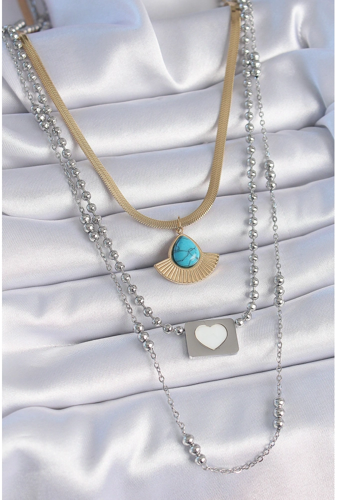 Shoecide 316l Çelik Mix Renk 3lü Zincir Damla Madalyon Figür Uzun Kadın Kolye