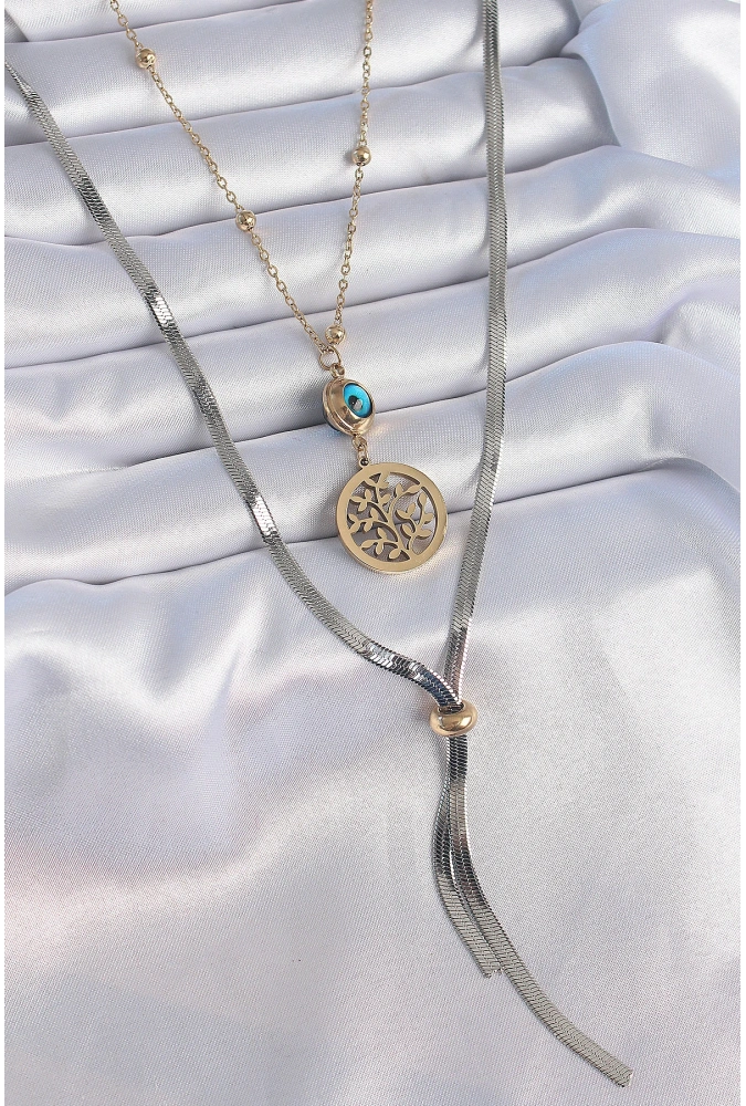 Shoecide 316l Çelik Mix Renk Filiz Figür Nazar Boncuk Detay Uzun Kadın Kolye