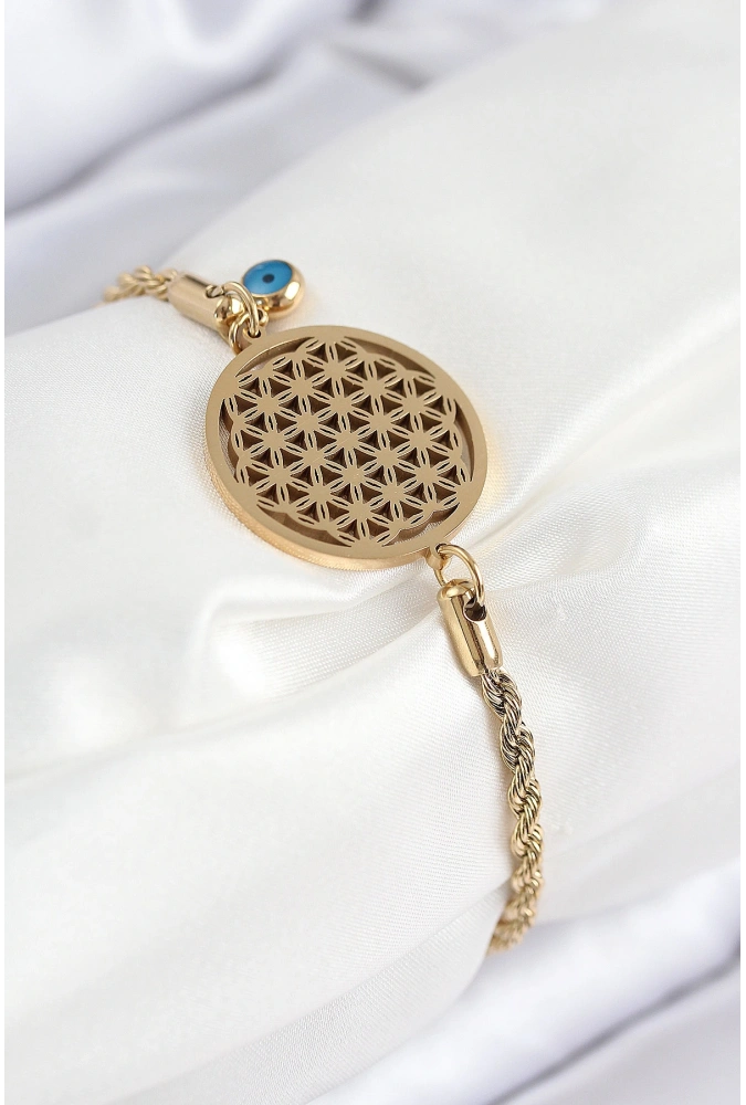 Shoecide 316l Çelik Nazar Boncuğu Detaylı Yaşam Çiçeği Model Gold Renk Kadın Bileklik