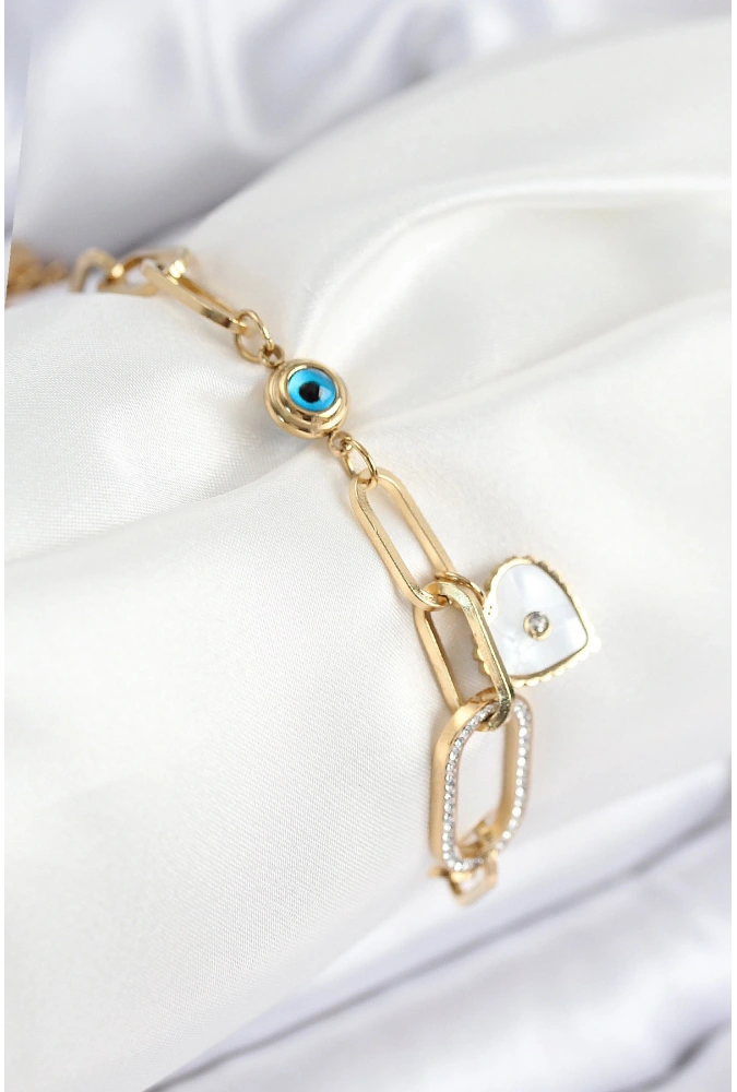 Shoecide 316l Çelik Nazar Boncuğu Ve Zirkon Taşlı Kalp Model Gold Renk Kadın Bileklik