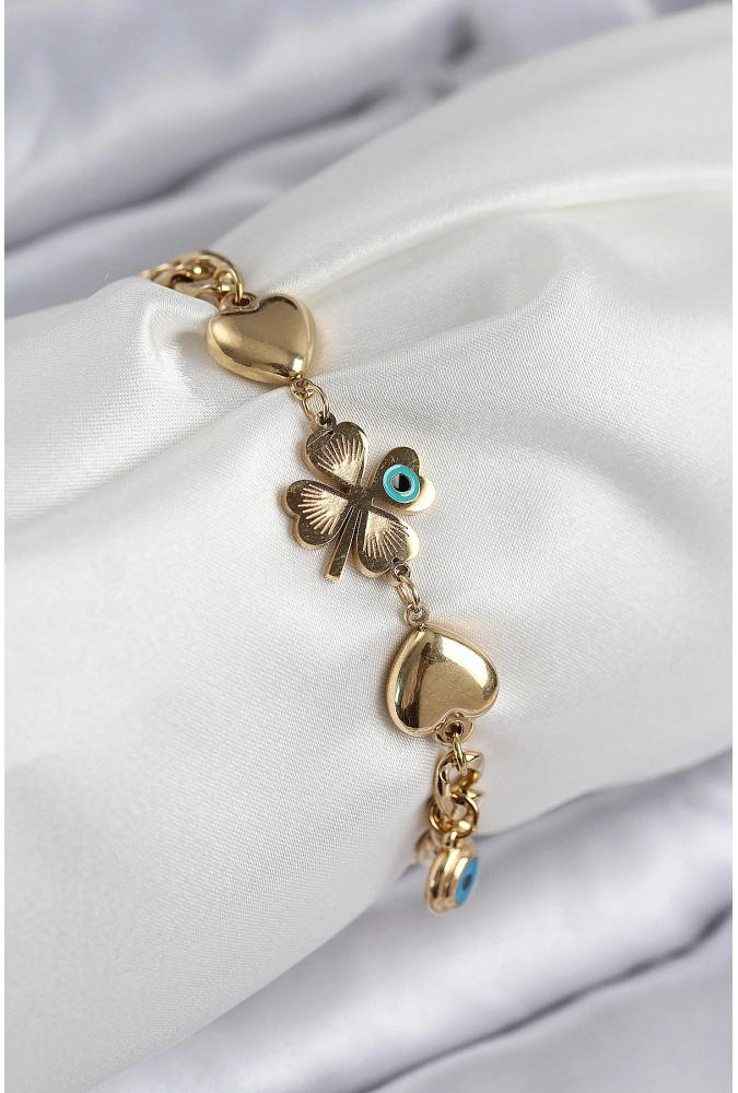 Shoecide 316l Çelik Nazar Boncuk Detaylı Yonca Model Gold Renk Kadın Bileklik