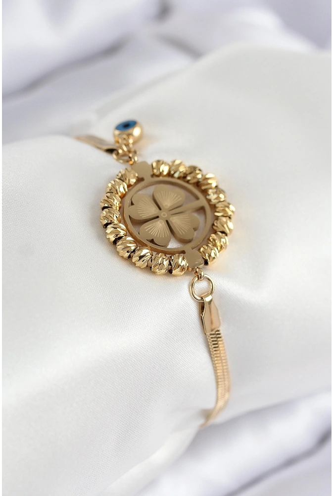 Shoecide 316l Çelik Nazar Boncuk Detaylı Yonca Model İtalyan Zincir Gold Renk Kadın Bileklik