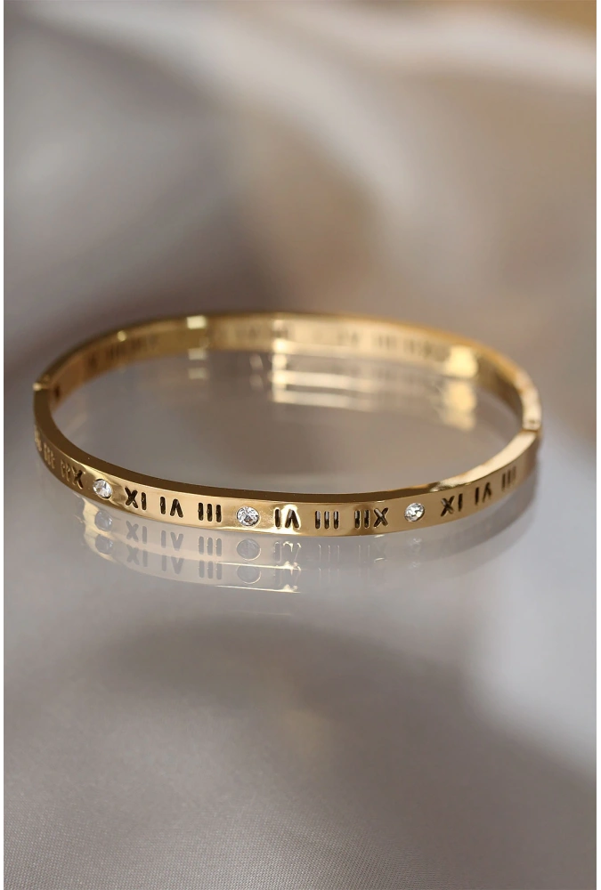 Shoecide 316l Çelik Roma Rakamlı Gold Renk Bilezik Kelepçe