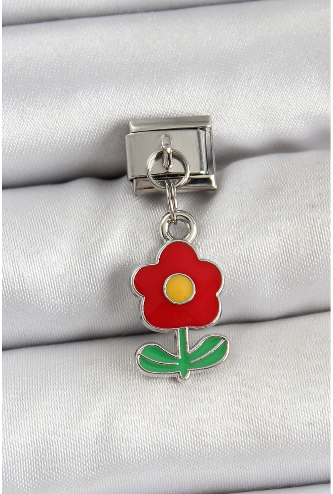 Shoecide 316l Çelik Sallantılı Kırmızı Papatya Model Gümüş Renk Nomination Charm