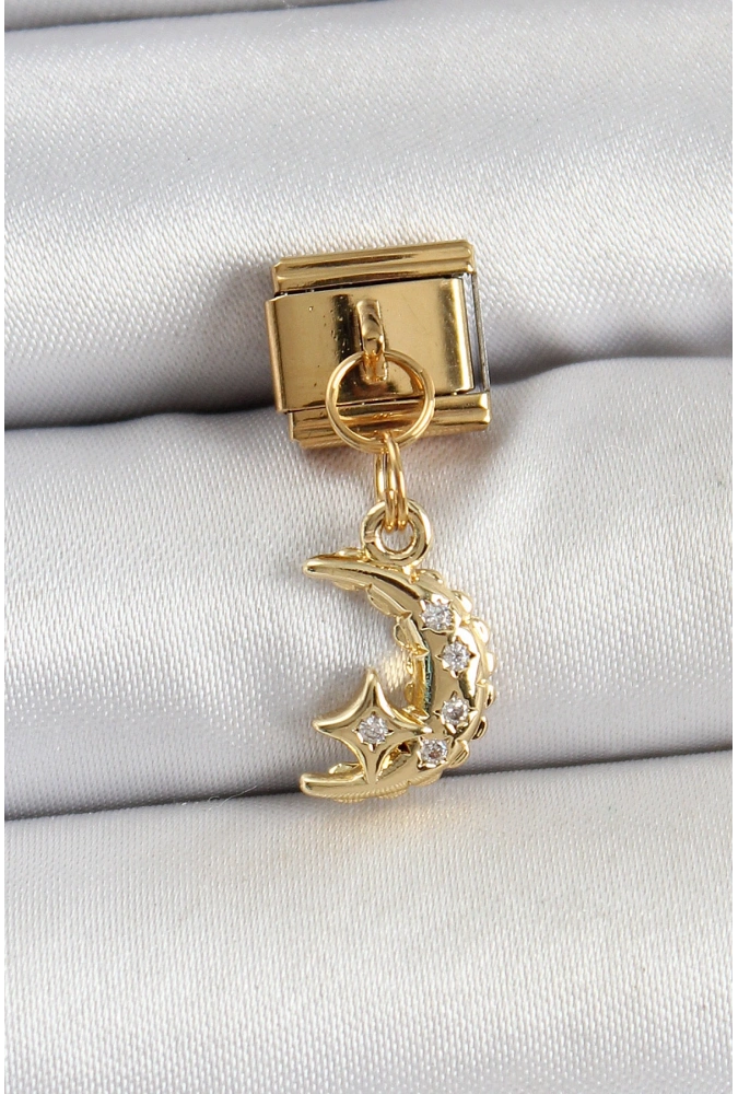 Shoecide 316l Çelik Sallantılı Zirkon Taşlı Ay Model Gold Renk Nomination Charm