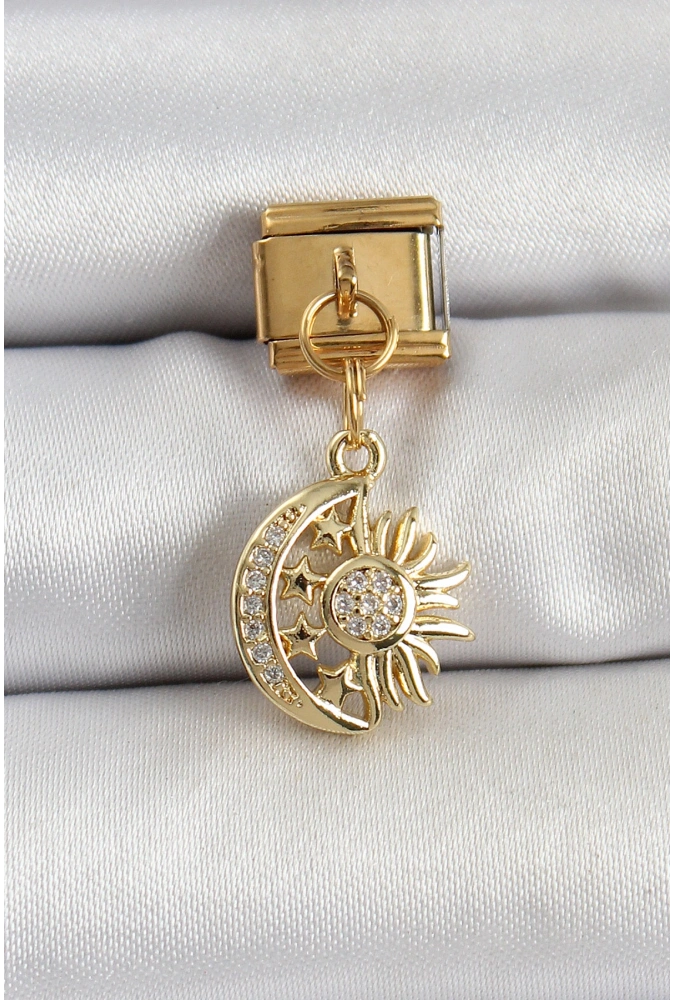 Shoecide 316l Çelik Sallantılı Zirkon Taşlı Ay Ve Güneş Model Gold Renk Nomination Charm