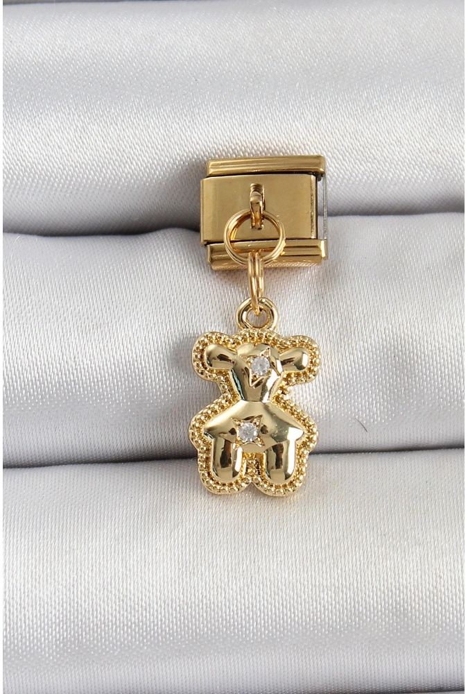 Shoecide 316l Çelik Sallantılı Zirkon Taşlı Ayıcık Model Gold Renk Nomination Charm