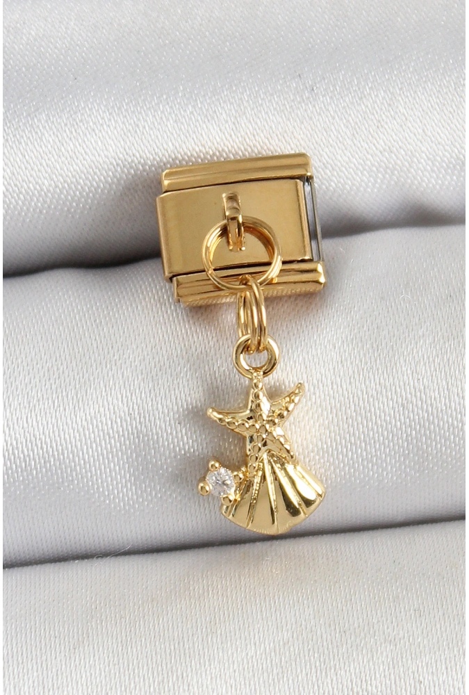 Shoecide 316l Çelik Sallantılı Zirkon Taşlı Deniz Yıldızı Ve İstiridye Model Gold Renk Nomination Charm