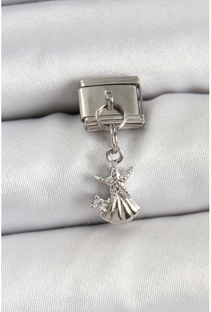 Shoecide 316l Çelik Sallantılı Zirkon Taşlı Deniz Yıldızı Ve İstiridye Model Gümüş Renk Nomination Charm