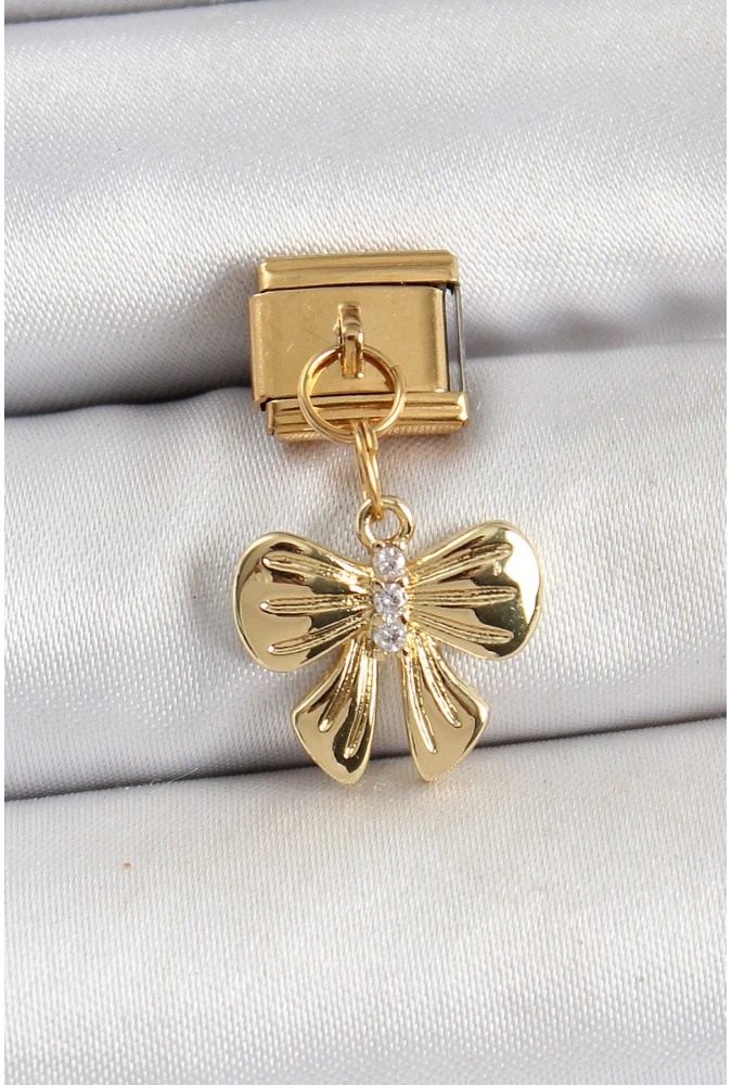 Shoecide 316l Çelik Sallantılı Zirkon Taşlı Fiyonk Model Gold Renk Nomination Charm