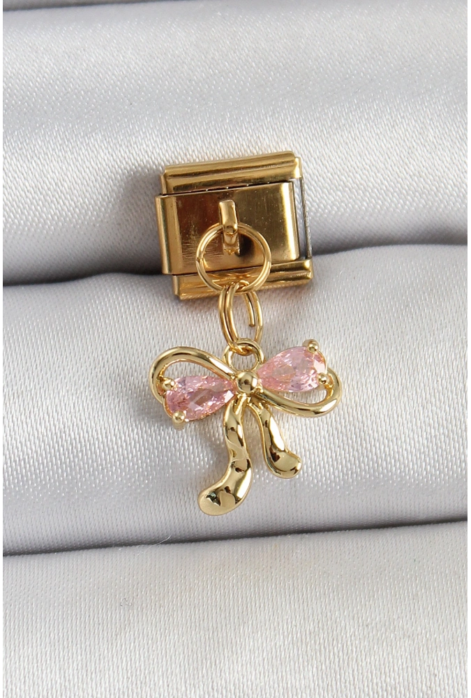 Shoecide 316l Çelik Sallantılı Zirkon Taşlı Fiyonk Model Gold Renk Nomination Charm