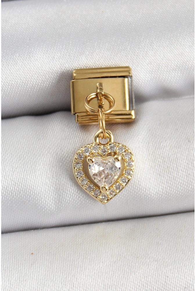 Shoecide 316l Çelik Sallantılı Zirkon Taşlı Kalp Model Gold Renk Nomination Charm