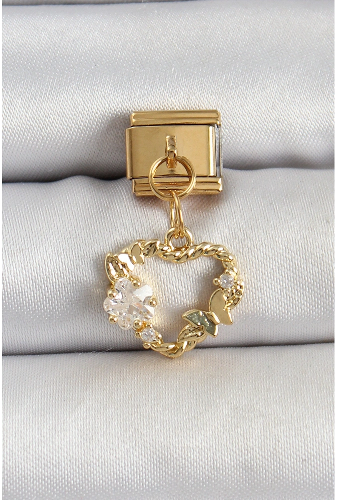 Shoecide 316l Çelik Sallantılı Zirkon Taşlı Kalp Model Gold Renk Nomination Charm