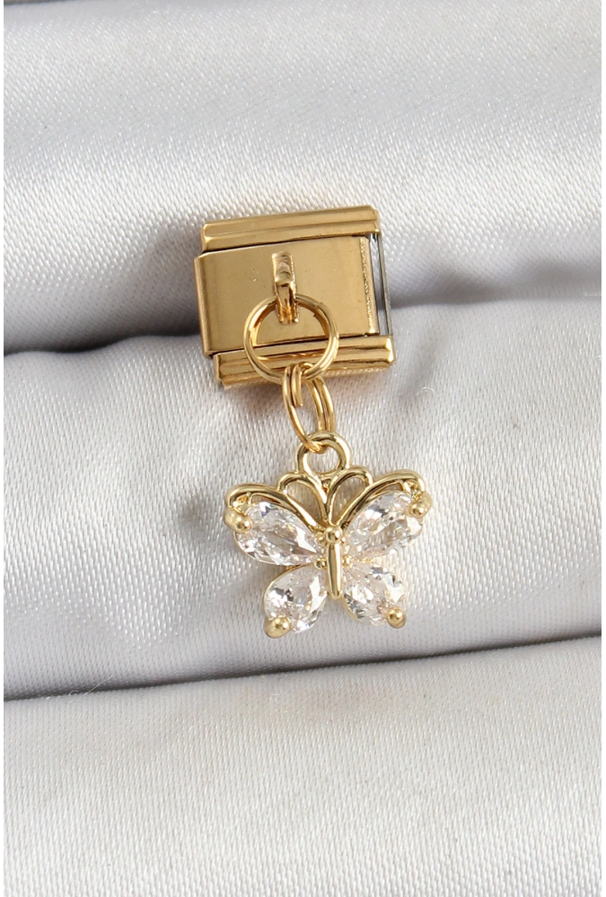 Shoecide 316l Çelik Sallantılı Zirkon Taşlı Kelebek Model Gold Renk Nomination Charm