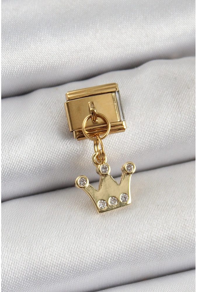 Shoecide 316l Çelik Sallantılı Zirkon Taşlı Kraliçe Tacı Model Gold Renk Nomination Charm