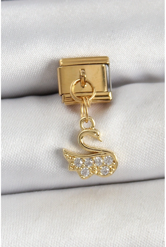 Shoecide 316l Çelik Sallantılı Zirkon Taşlı Kuğumodel Gold Renk Nomination Charm