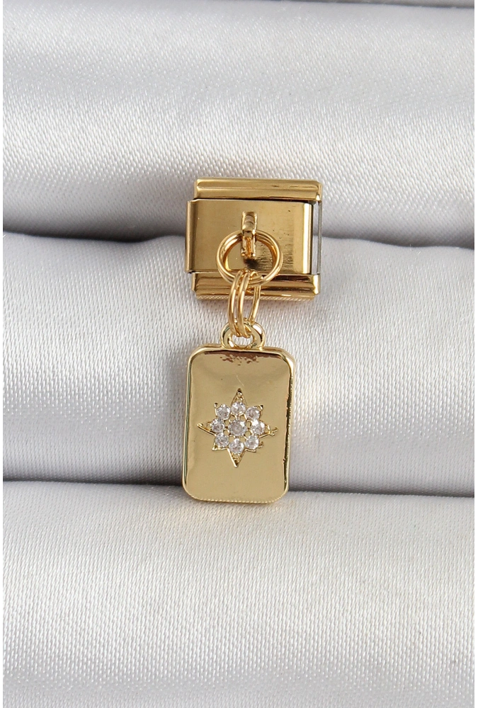 Shoecide 316l Çelik Sallantılı Zirkon Taşlı Kutup Yıldızı Figürlü Dikdörtgen Model Gold Renk Nomination Charm