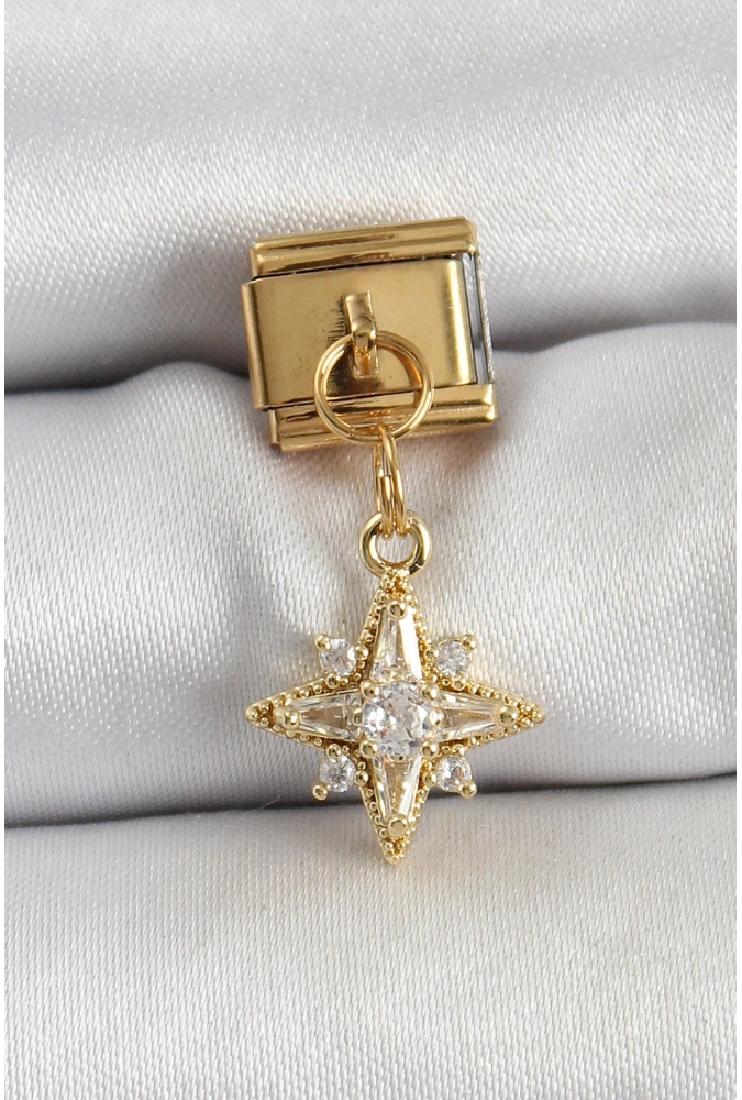 Shoecide 316l Çelik Sallantılı Zirkon Taşlı Kutup Yıldızı Model Gold Renk Nomination Charm