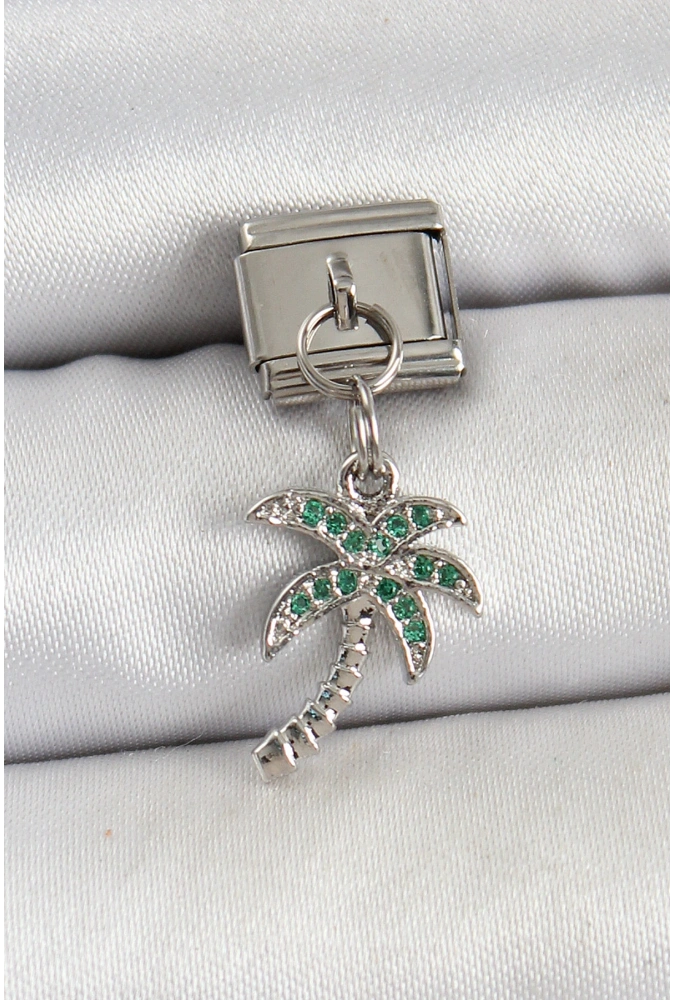 Shoecide 316l Çelik Sallantılı Zirkon Taşlı Palmiye Ağacı Model Gümüş Renk Nomination Charm